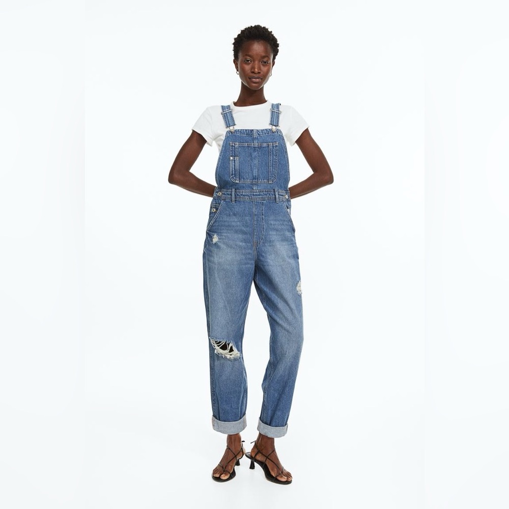 H&M Destructed Soft Denim Overalls NEW sz XS